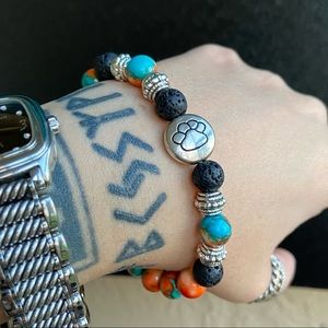 Orange & blue snowflake jasper beads paw print charm beaded bracelet